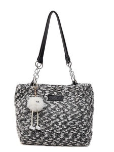Chic black and white woven tote bag with silver chain strap and plush charm