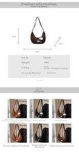 Detailed size specifications for a large crescent velvet crossbody bag with cloud pendant