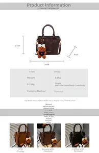 Detailed size chart and multi-color velvet bucket bag with bear charm and dimensions