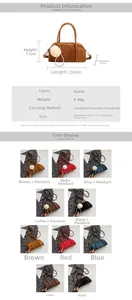 Size specifications and multi-color options for the suede bowling handbag