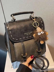 Zaino Vintage in Pelle PU da Donna Moda Cuciture a Contrasto Borsa da Scuola Con Ciondolo in Peluche Borsa da Viaggio