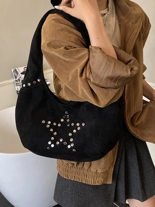 Retro black suede hobo bag with silver star rivets and shoulder strap for women