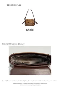 Macro shot of khaki cat shoulder bag featuring striped lining and a zipper pocket