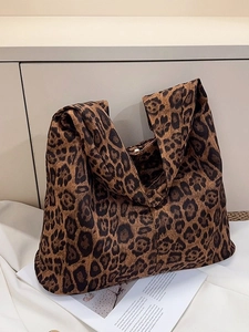 Vintage Leopard Print Tote Bag For Women Retro Large Capacity Shoulder Bag Suede Texture Commuter Hobo Handbag Fashion Daily Use Bag