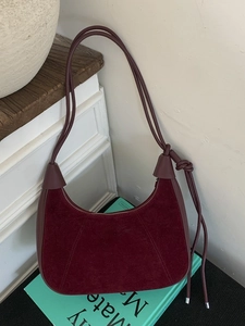 Vintage burgundy crescent hobo bag in suede and leather mix with knotted shoulder straps