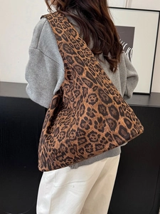 Vintage leopard print tote bag for women, spacious shoulder bag with minimalist aesthetic