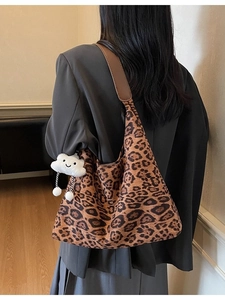Large leopard print suede tote bag with brown shoulder strap and cloud charm for women