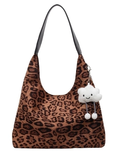 Leopard print faux fur hobo bag with a cute white cloud charm and black strap