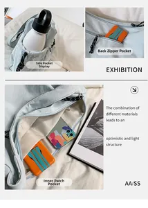 Vue détaillée du sac en nylon bleu clair avec poche latérale et zip antivol au dos