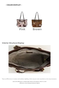 Detail showing the internal zipper pocket and striped lining of pink and brown tote bags