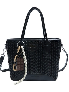 Black woven leather tote bag with chocolate charm and detachable shoulder strap