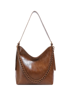 Classic caramel brown leather bucket hobo bag with stylish chunky chain and wide strap