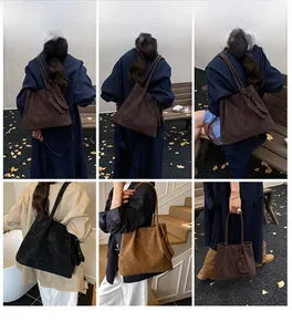 Collage of large matte leather tote bag shown in various lifestyle poses with model