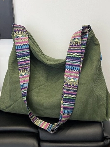 Women Large Corduroy Tote Bag With Colorful Ethnic Printed Strap Autumn Winter Casual Shoulder Bag Commuting Hobo Crossbody Bag