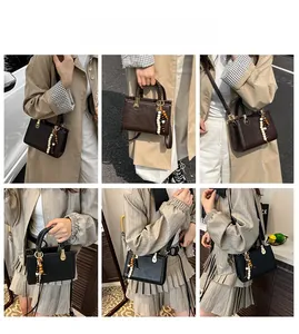 Detail shots of vintage crossbody bags featuring woven handles and bead charms in two colors