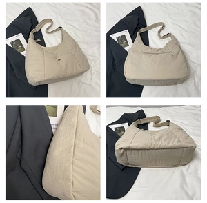 Détails du sac fourre-tout beige en nylon avec poches multiples et bandoulière réglable