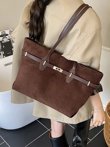 Classic large brown suede leopard tote bag with leather straps and gold buckle