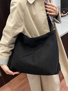 Large black corduroy tote bag for women, minimalist shoulder bag for daily commuting