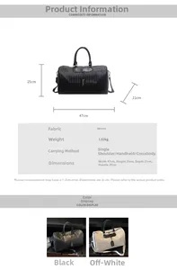 Detailed chart showing woven travel bag dimensions 47x25x21cm and product material specs