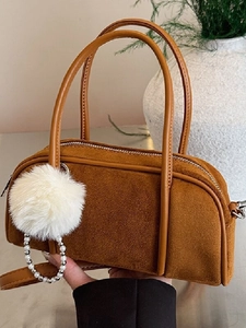 Vintage Suede Boston Bag For Women Elegant Bowling Shoulder Crossbody Bag With Removable Fuzzy Ball Artificial Pearl Pendant Handbag