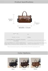 Détails du grand sac de voyage en cuir PU montrant les dimensions et trois couleurs