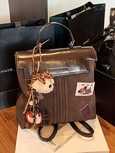 Sac à Dos Femme Patchwork Rétro Grande Capacité Cuir PU Style Collège Sac d'École Avec Pendentif en Peluche Chien Pomme