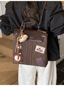 Sac à dos vintage marron grande capacité avec peluche ours et écusson chien MDD