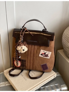 Sac à dos rétro grande capacité style collège avec charme ours et détails en daim