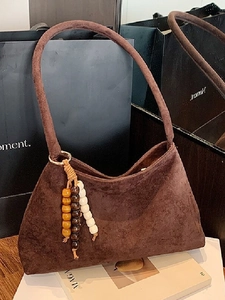 Retro PU Suede Finish Underarm Bag For Women Minimalist Casual Shoulder Bag With Wooden Bead Charm Vintage Crossbody Purse
