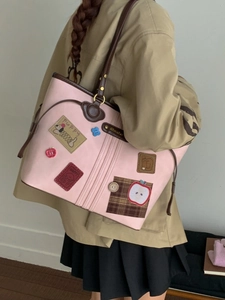 Pink retro PU leather tote bag with puppy patch and color-block straps for women
