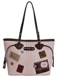 Pink retro tote bag with playful puppy patches and contrast brown leather handles