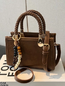 Retro Niche Design Women Small Square Bag PU Leather Woven Handle Shoulder Bag With Bead Tassel Crossbody Handbag