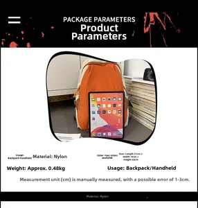 Size comparison of the lightweight nylon backpack with an iPad and detailed specifications