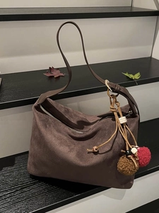 Vintage Suede Hobo Crossbody Bag For Women Large Capacity Pleated Shoulder Bag With Pom Pom Charm Solid Color Frosted Tote