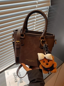 Vintage Women Bucket Bag Frosted Synthetic Leather Crossbody Handbag With Bear Pendant Casual Fashion Daily Shoulder Bag