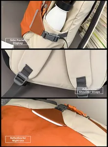 Detail of color-block backpack with side water bottle pocket and reflective safety tag