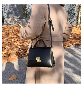 Detail of a matte black leather handbag with a gold twist lock and a sleek top handle