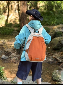 Outdoor lifestyle shot of a contrast color backpack worn by a person in a forest setting