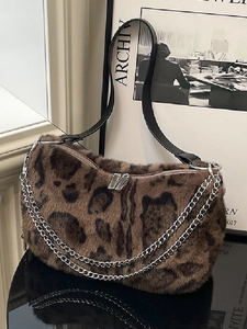 Sac à Épaule en Peluche Imprimé Léopard pour Femme Sac Sous le Bras en Fausse Fourrure Avec Décoration de Chaîne Vintage