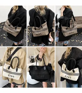 Detailed views of striped canvas tote bag in brown, beige, and black with leather handles