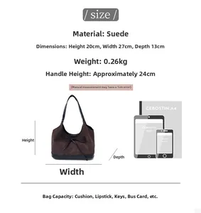 Brown suede bucket bag dimensions 27x20x13cm showing storage capacity and bow detail