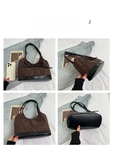 Multi-angle view of vintage brown suede bucket bag with black leather base and bow detail