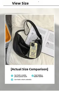 Grand sac hobo croissant noir avec zip, parfait pour téléphone et magazine format A4