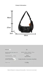 Detailed size specifications of black pleated PU leather tote with adjustable shoulder strap