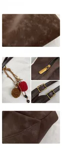 Vue détaillée du sac cabas marron mat avec boucles dorées et pendentif ethnique