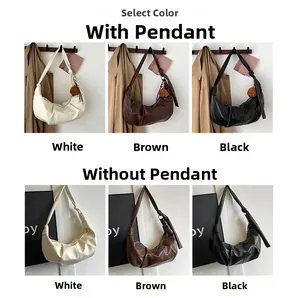 Detailed comparison of pleated crescent bags in white, brown, and black with plush charm