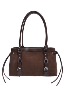 Retro dark brown faux suede shoulder bag with dual buckle straps and tassel details