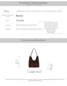 Detailed size specifications for the brown suede tote bag with 45cm length dimensions