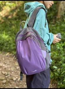 Detail showing grey and purple outdoor backpack with South Lake brand label in forest setting