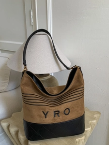 Brown suede and black quilted leather tote bag with embroidered YRO lettering